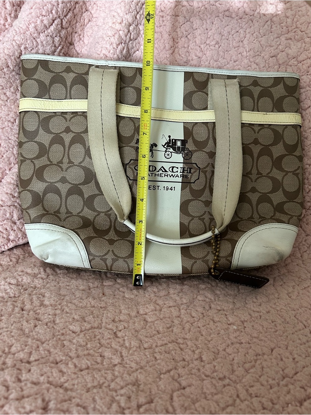 Coach Canvas Signature Stripe Tote in Brown and Cream with Pale Yellow Trim - Picture 6 of 6